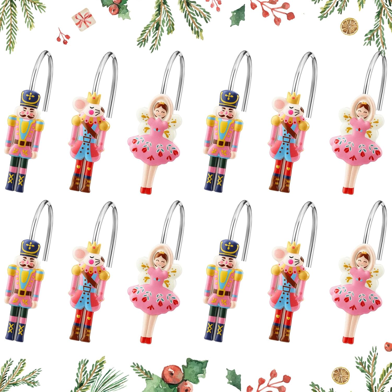 12 Pcs Christmas Nutcracker Shower Curtain Hooks Xmas Pink Nutcracker Shower Curtain Hooks Holiday Bathroom Rust Resistant Decor Rings for Winter Bathroom Bedroom Farmhouse Decorations